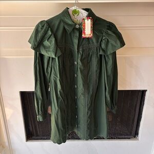 Green Button-Up Farm Rio Dress with Ruffle Shoulders NWT